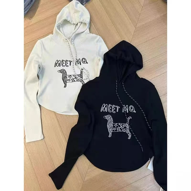 冬季新款休闲韩版百搭刺绣狗狗连帽卫衣字母短款长袖上衣内搭打底