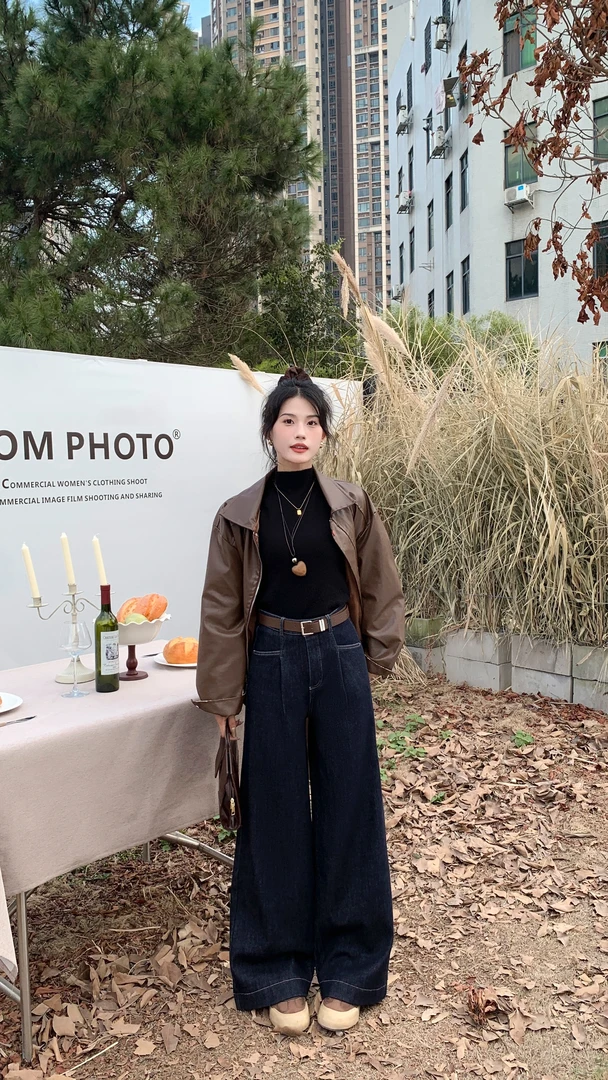 【武汉：女裤】深蓝高腰直筒牛仔裤加绒加厚秋冬季宽松拖地阔腿裤子