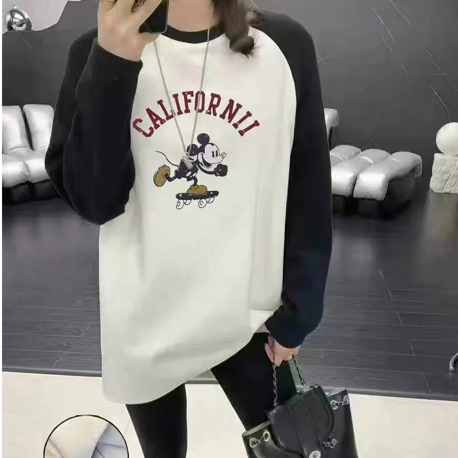 韩版撞色插肩袖卡通字母长袖印花磨毛中长款T恤女上衣潮秋冬新款