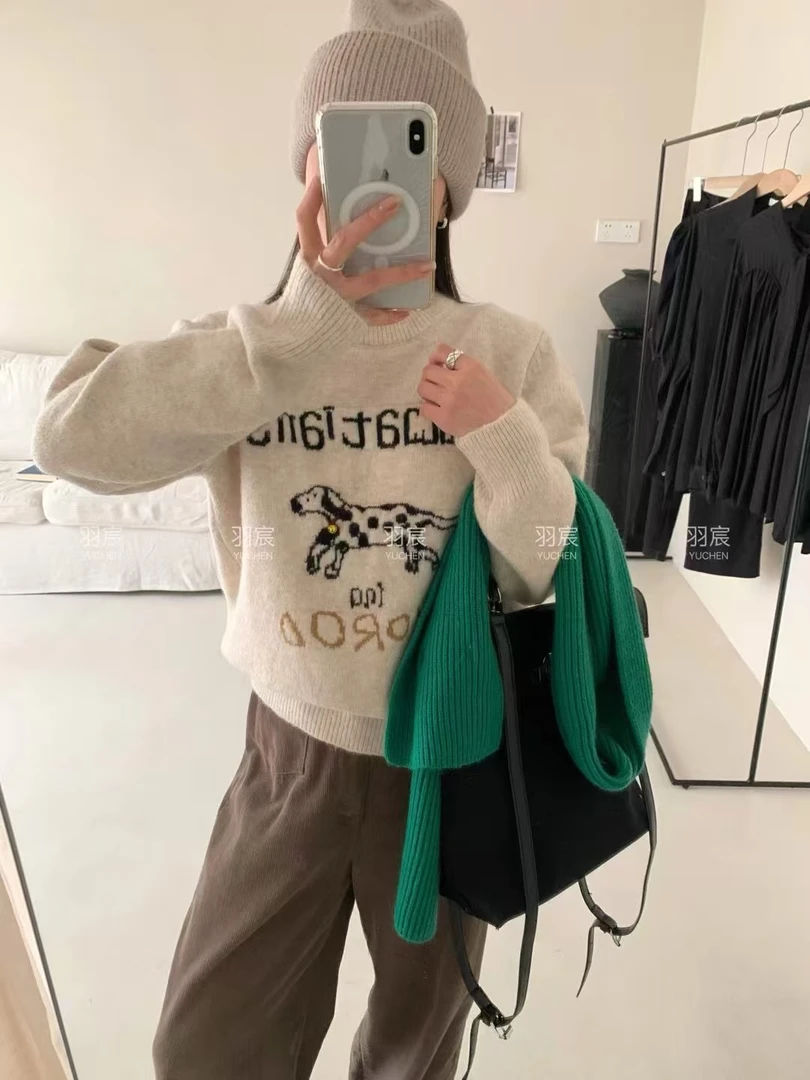 美式复古灰色小狗圆领毛衣女装2024新款春款高级感洋气减龄上衣女