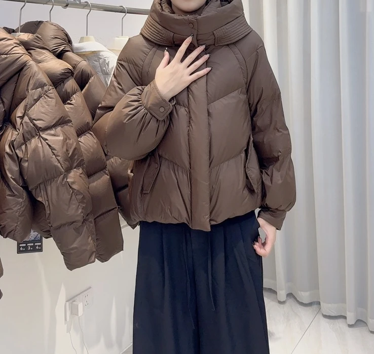 2024新款白鸭绒轻奢短款极简立领连帽可拆卸柔软羽绒服面包服外套