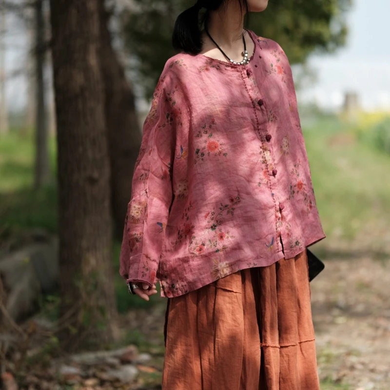 2024春新款复古纯亚麻宽松百搭衬衫盘扣毛边小衫2043拂衣