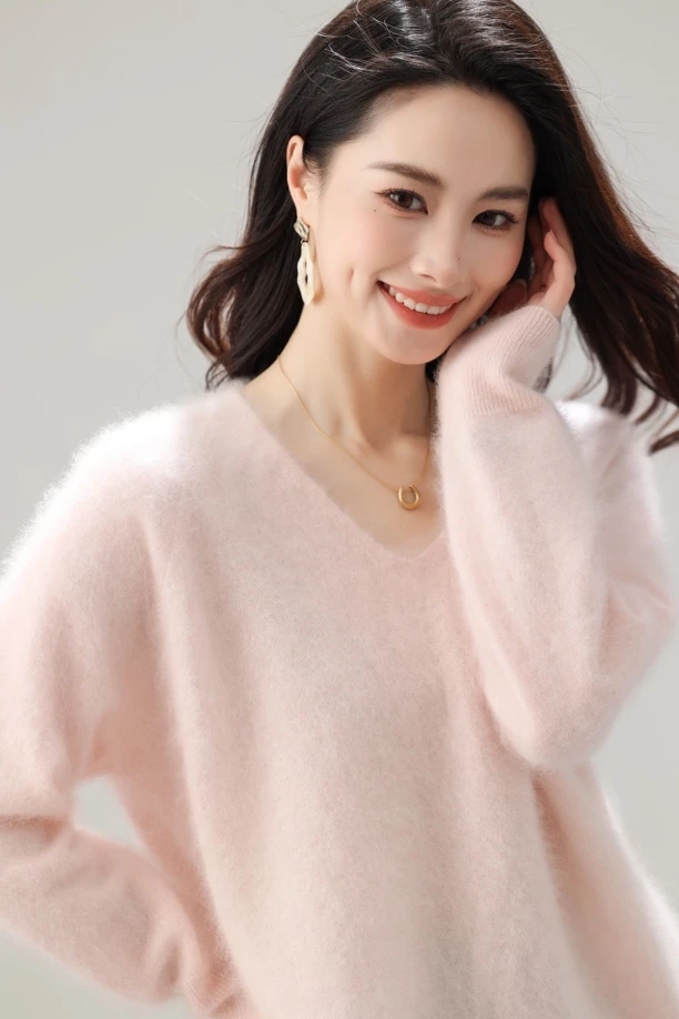 霓町100山羊绒拉绒春季百搭休闲时尚慵懒针织打底V领套衫韩版显瘦