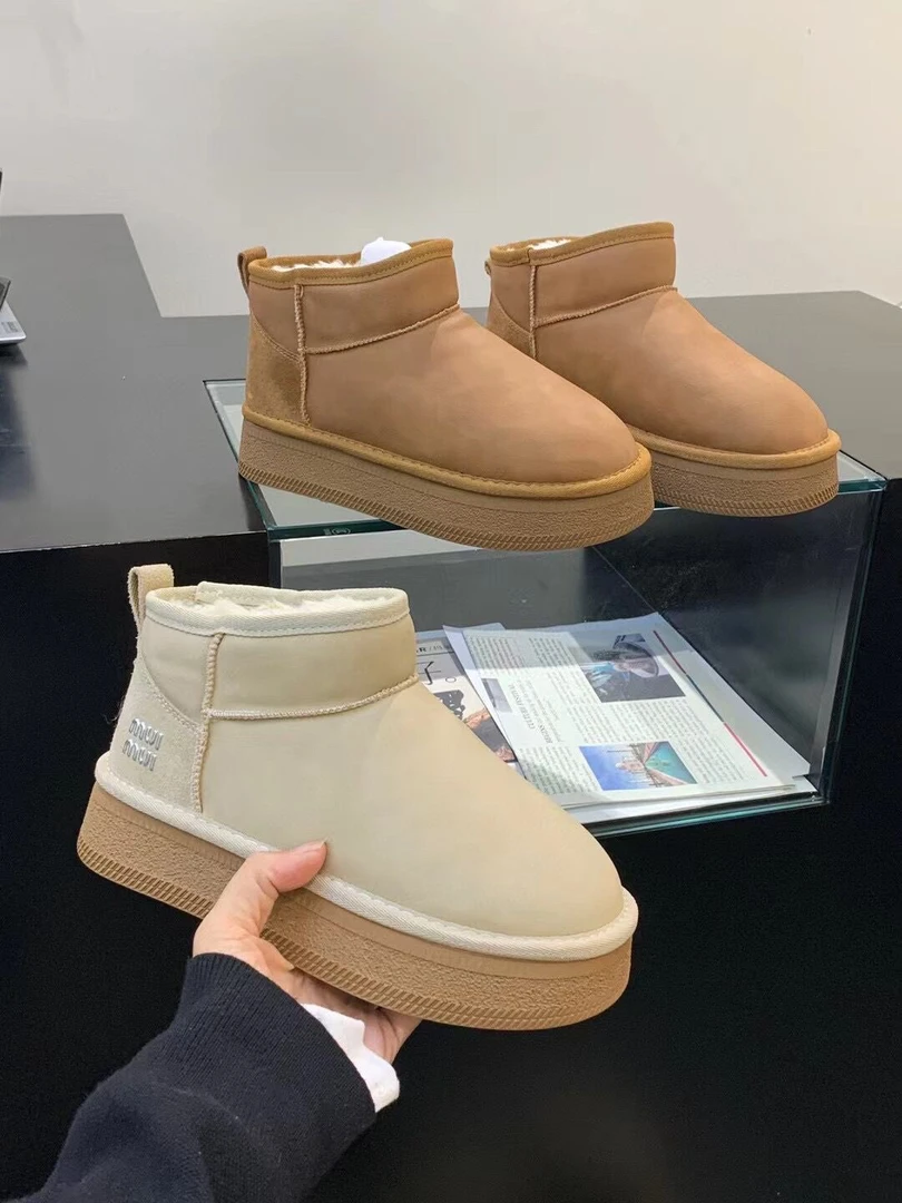 真皮厚底防水雪地靴女款2024新款冬季加绒加厚皮毛一体短靴子棉鞋