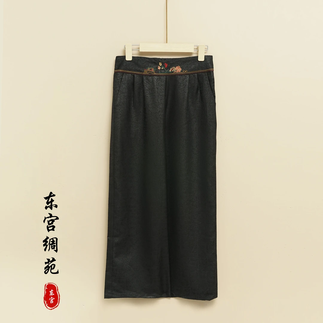 【长乐绸苑】新中式国风松紧腰龟裂纹休闲直筒裤（T123）