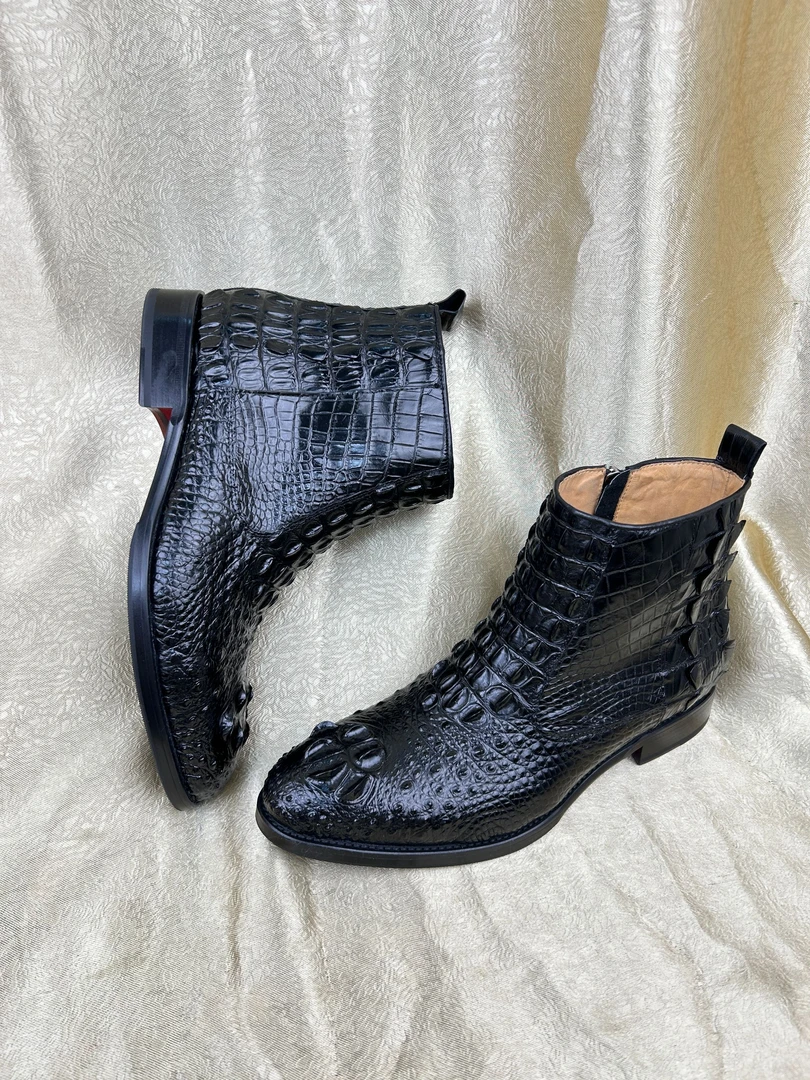 真鳄鱼皮切尔西靴男真皮男士中帮短靴英伦风复古休闲霸气头骨