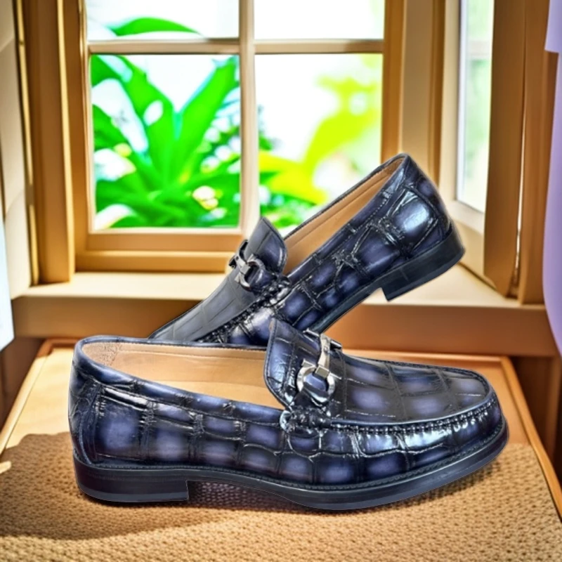 鳄鱼皮男式单鞋豆豆鞋男鞋休闲鞋男士舒适时尚黑色真皮轻便乐福鞋