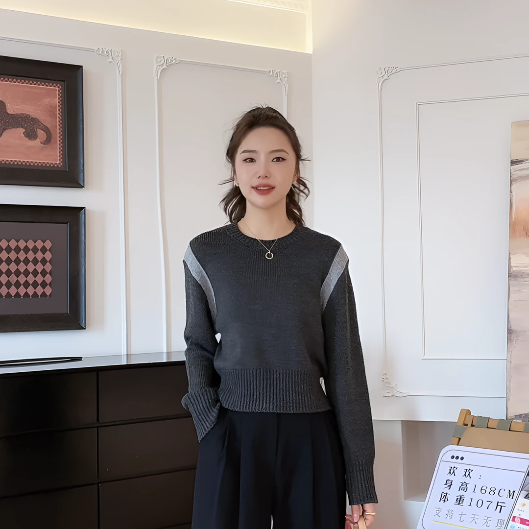 【YHH】秋季简约休闲套头圆领拼色毛衣-YHW4856