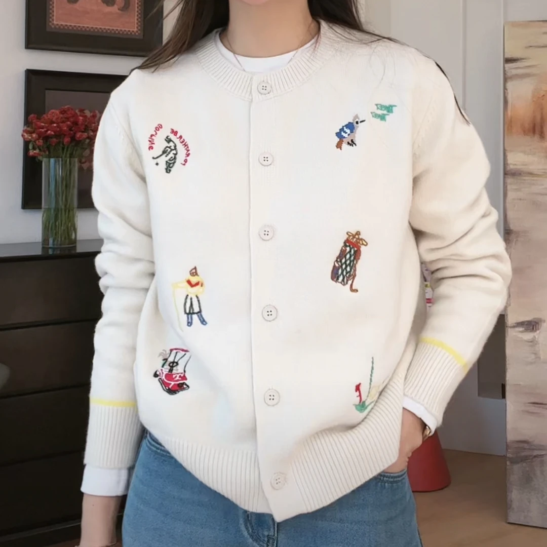 【YHH】冬季韩版复古重工刺绣针织开衫毛衣-YHW5071