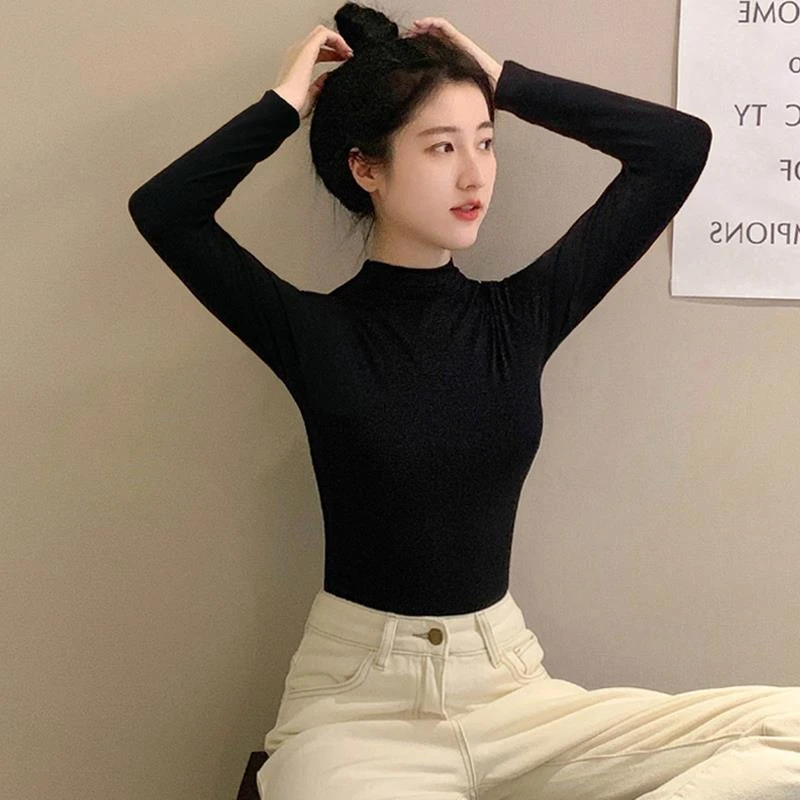 莫代尔黑色半高领入秋打底衫女内搭洋气长袖T恤紧身百搭中领上衣