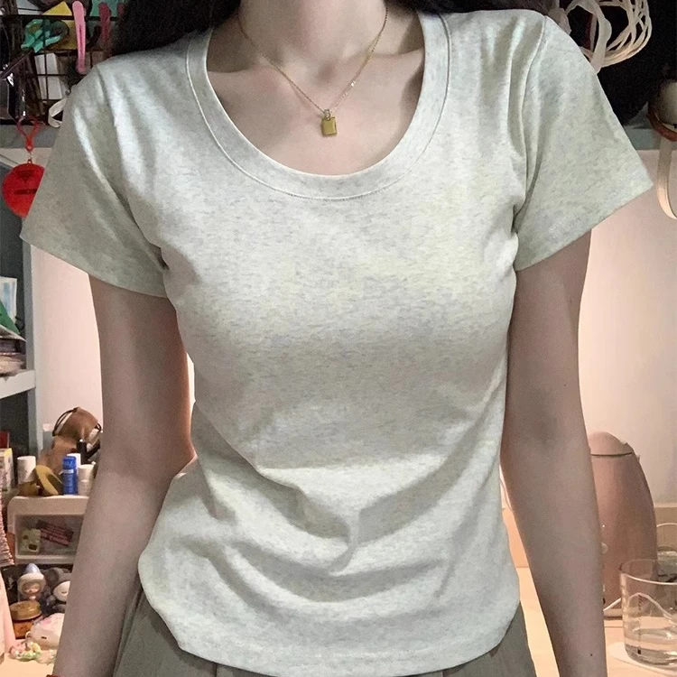 夏季纯色显瘦修身U型领短袖T恤女ins辣妹2024不规则设计感百搭
