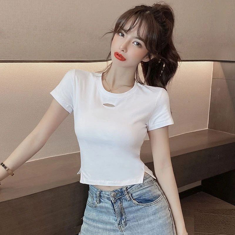 夏季白色棉T恤女镂空高腰露脐上衣短袖2025年新款女生韩系ins衣服