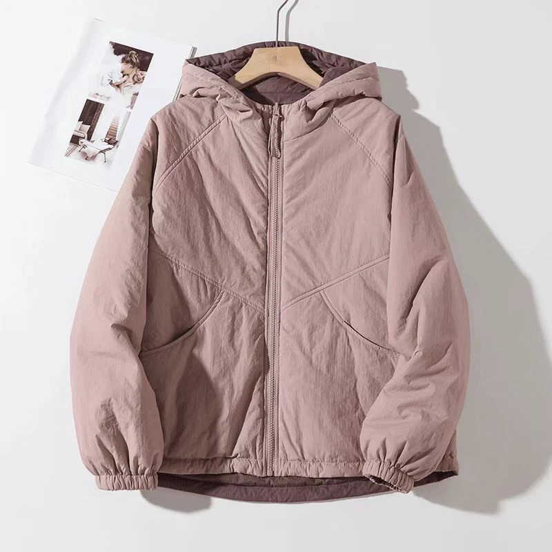 2024冬季新款时尚轻奢撞色连帽防风保暖两面穿百搭夹棉保暖外套女