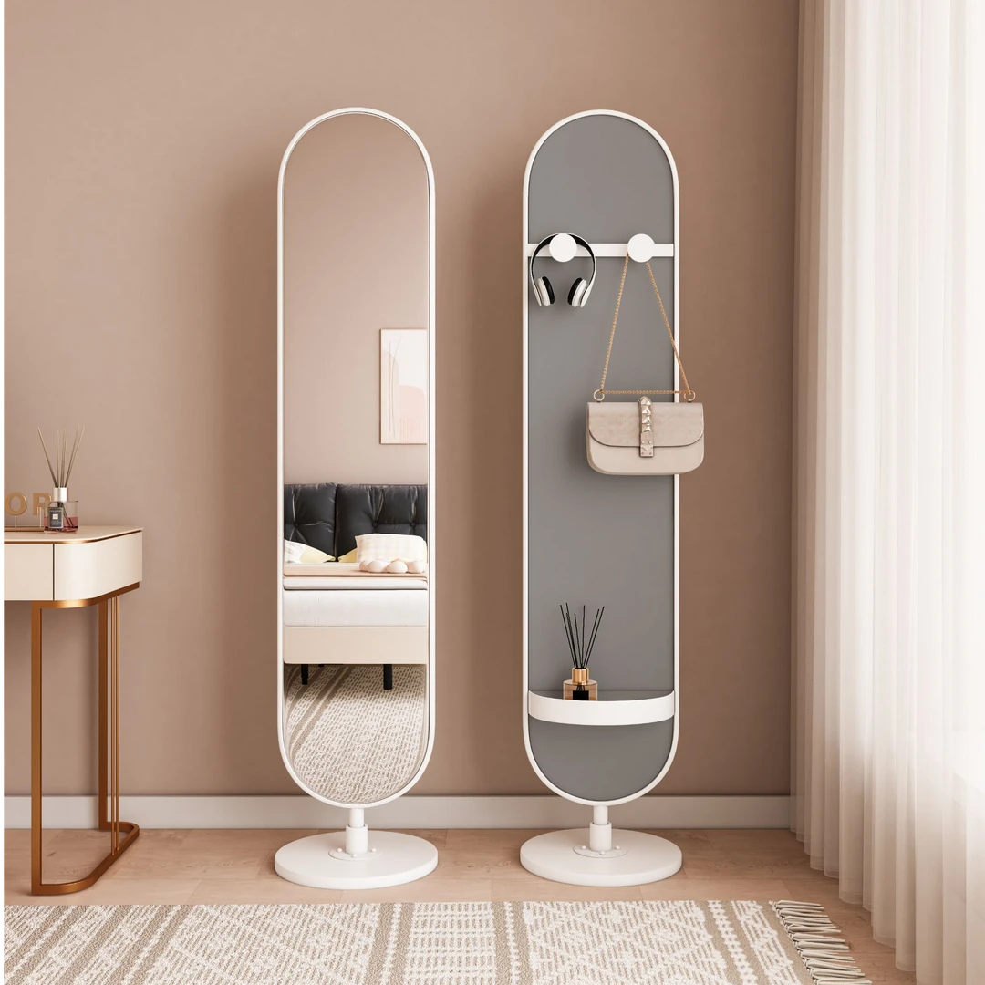 奶油风全身镜落地家用卧室网红铁艺旋转穿衣镜带收纳少女全身镜子