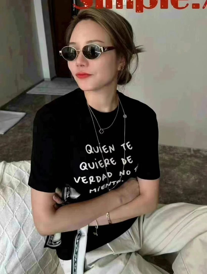 新款2025春夏季时尚圆领植绒字母短袖T恤衫女弹力打底上衣