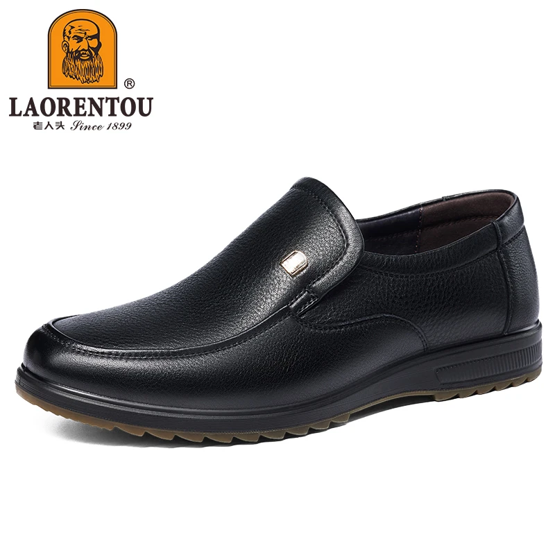 老人头头层牛皮套脚一脚蹬男鞋春秋平底真皮商务休闲皮鞋爸爸鞋