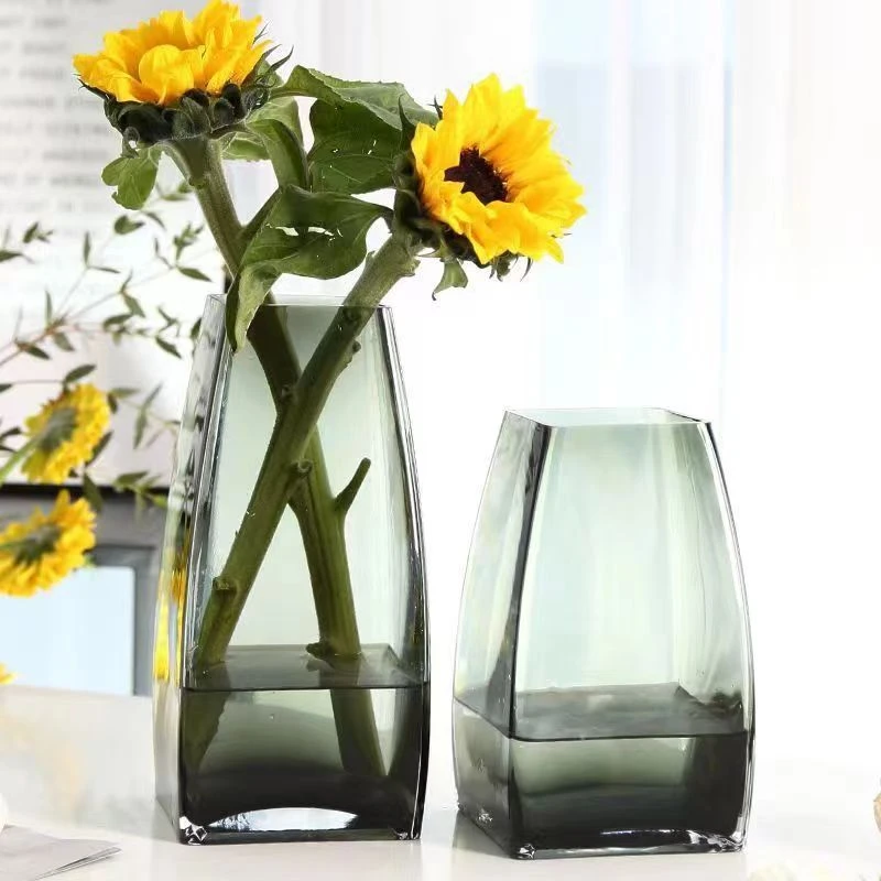 新款法式轻奢家居客厅高级感四方束口方形玻璃花瓶插花装饰摆件