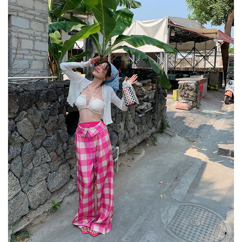 【女团裤】格子高腰阔腿裤女2023新款拖地长裤2761