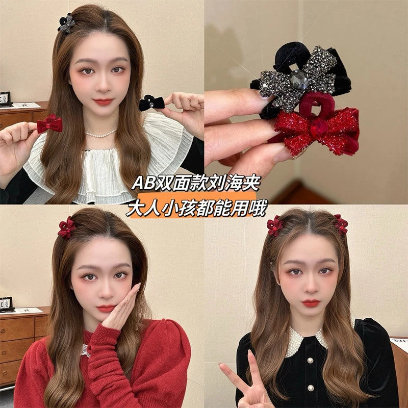 圣诞红色ab双面蝴蝶结小抓夹新年儿童公主头发夹女侧边刘海碎发卡