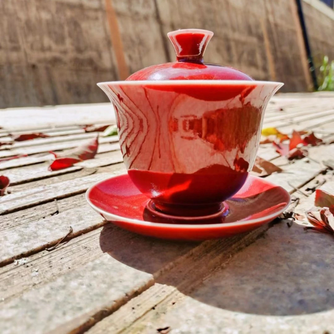 霁红釉盖碗红色杯子红色陶瓷泡茶茶具，霁蓝釉盖碗，容量180毫升