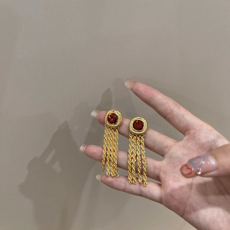 中古风vintage小众法式复古耳钉气质几何流苏长款耳环红色