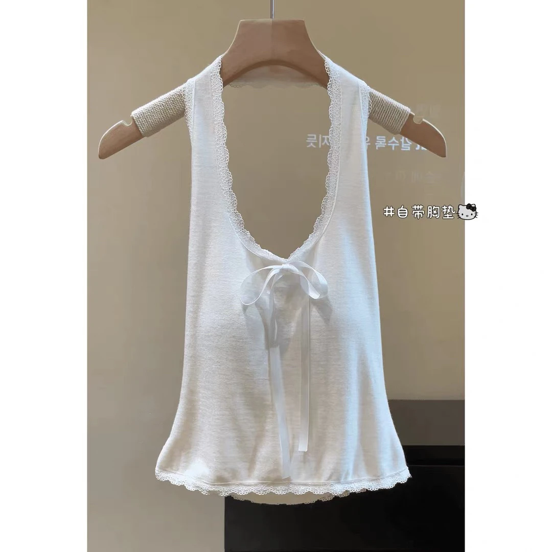 草莓酱 //挂脖拼接花边蝴蝶结吊带背心女百搭绝美别致纯欲上衣