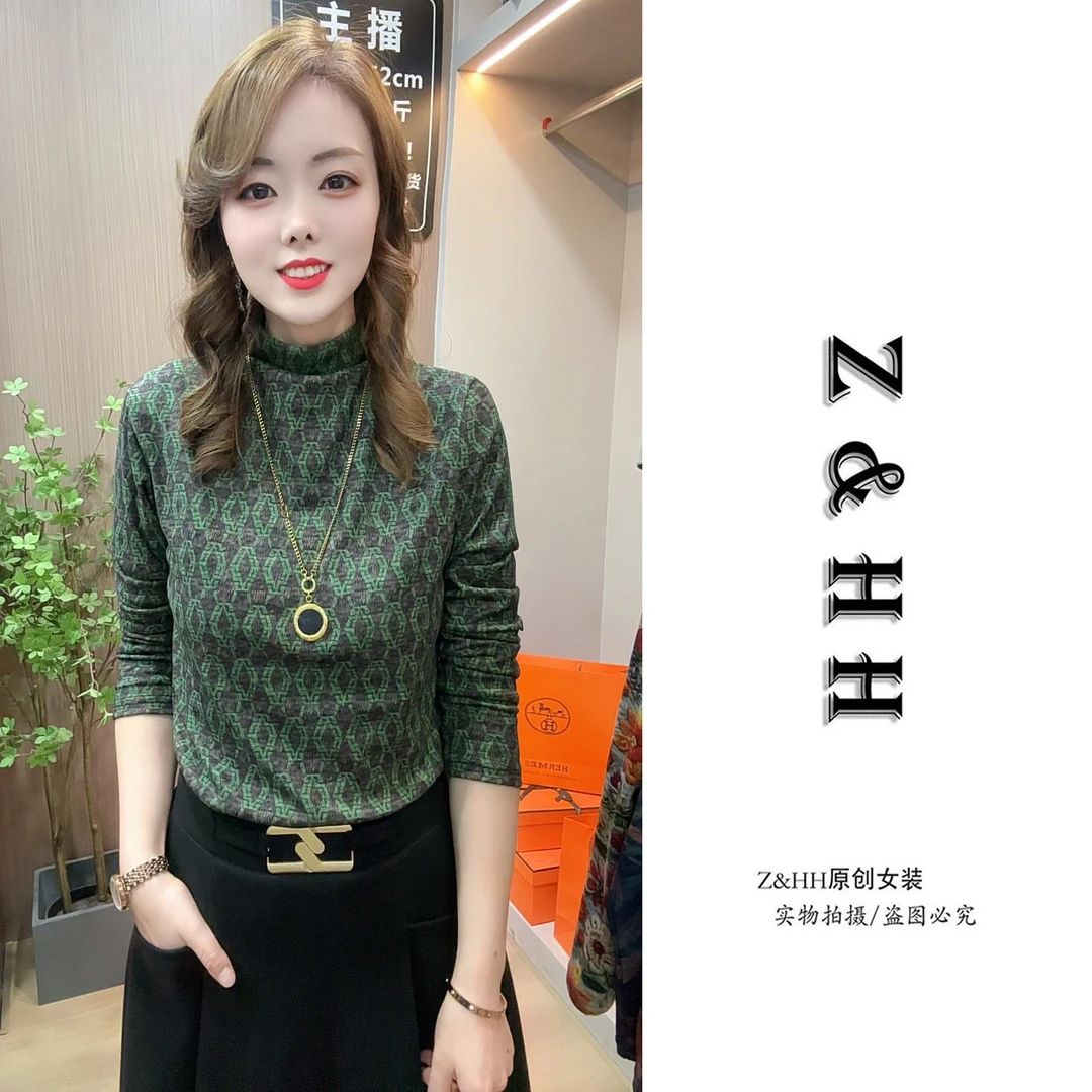 8732-1新款半高领加绒洋气印花显瘦打底衫秋冬新时尚百搭气质内搭