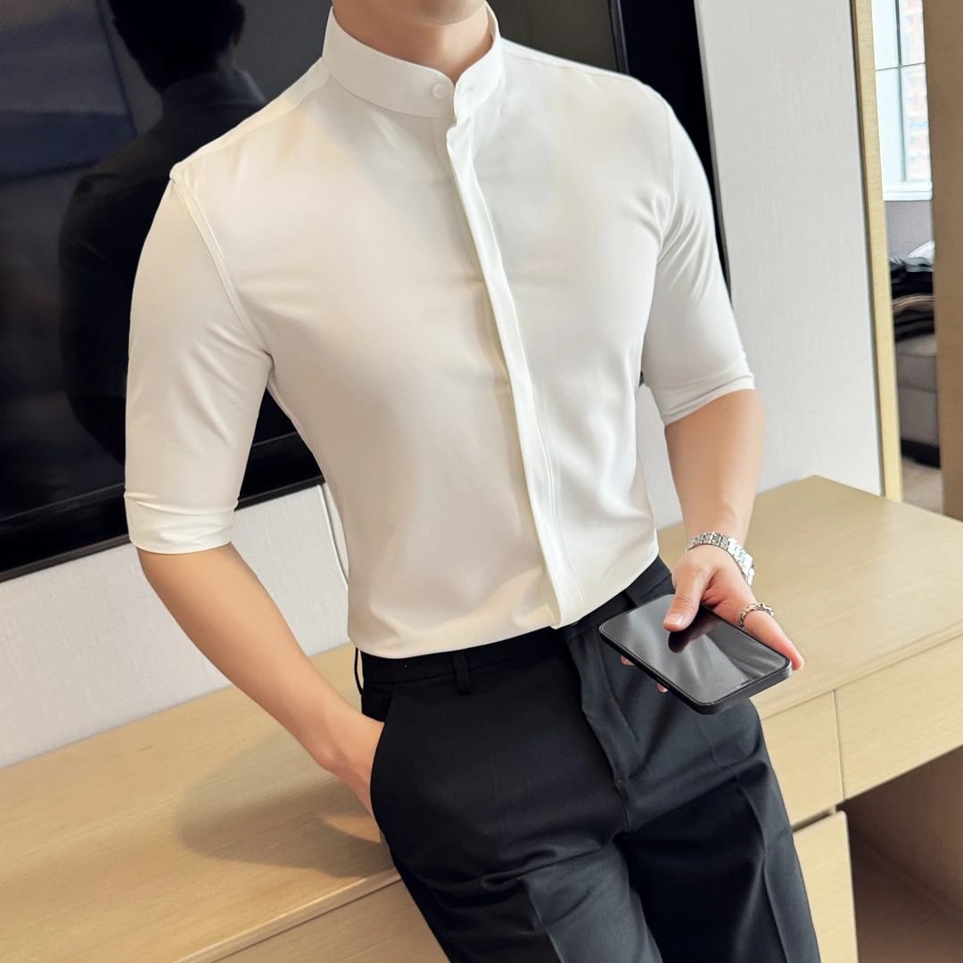 夏季短袖男士衬衫 韩版立领修身五分袖纯色衬衣男修身中袖上衣