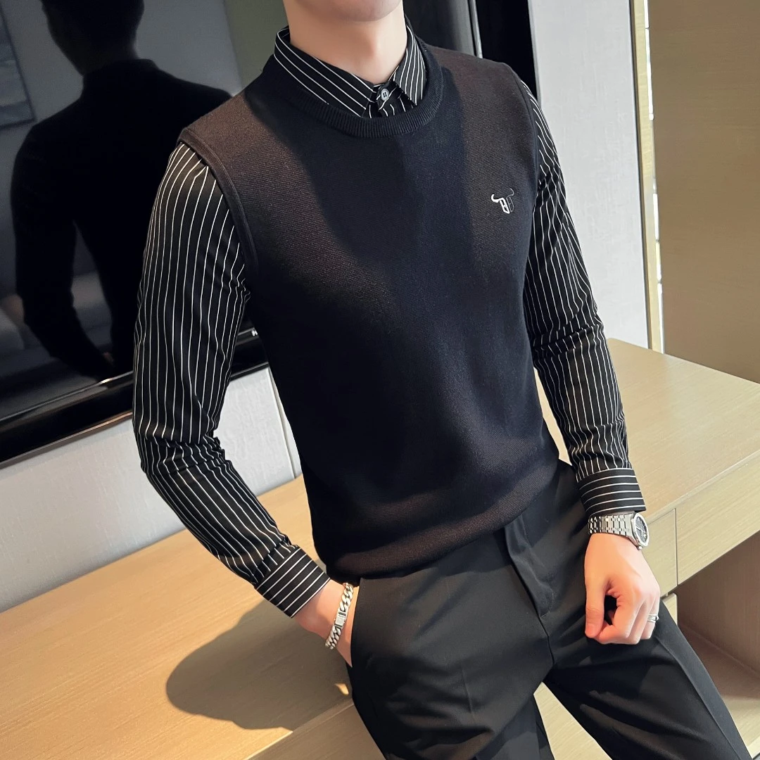 春季新款衬衣男士韩版修身上衣男潮流休闲衬衫男假两件毛衣男长袖