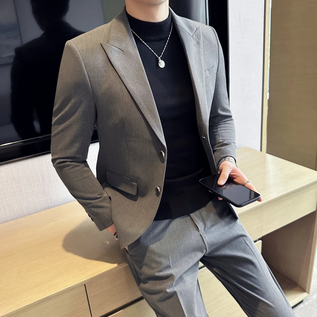 秋季韩版男士修身外套男两粒扣小西装潮流休闲商务西服男黑色