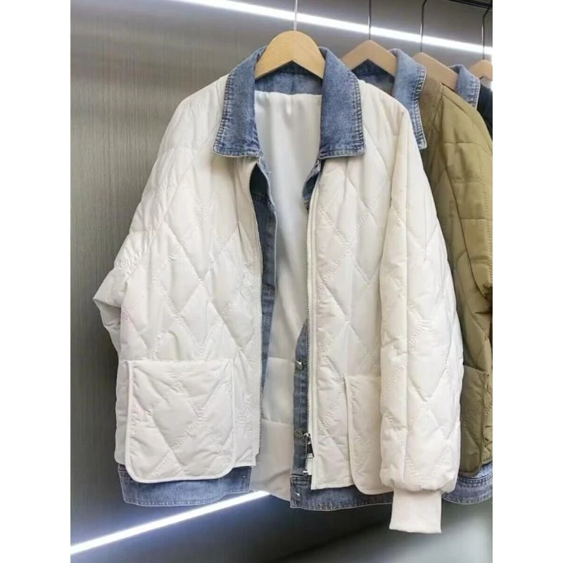 菱格棉服女冬季大码300斤韩版宽松轻薄短款假两件牛仔棉服衣外套