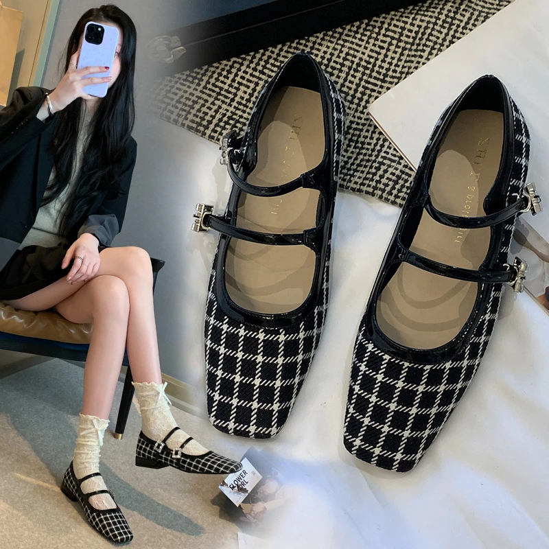 紫幻玲珑加宽大码2024新款英伦风时尚百搭方头浅口双带式平底单鞋