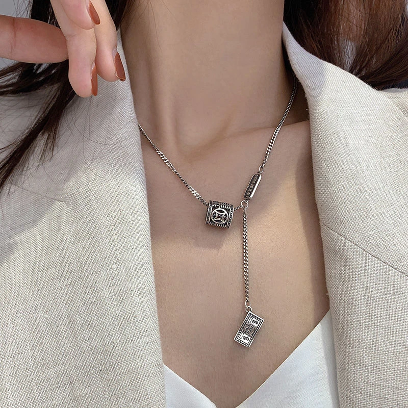 小众银复古财源滚滚算盘转运珠项链女轻奢锁链百搭潮流新款冷淡风
