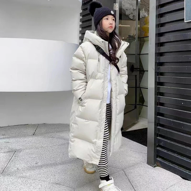 女童冬季加长棉衣2024款中大童女孩韩版长款棉袄儿童加绒加厚外套