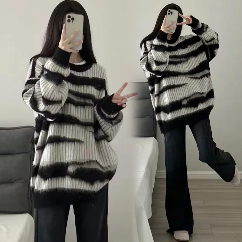 孕妇秋冬装上衣新款美式复古撞色套头条纹百搭孕妇毛衣休闲针织衫