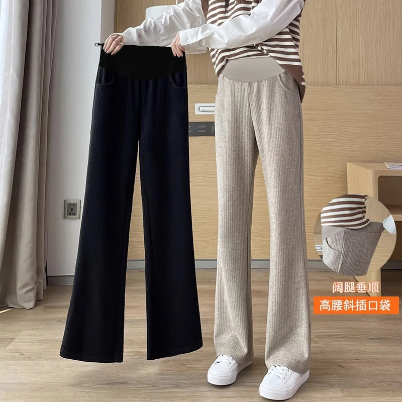 孕妇加绒微喇叭裤子秋冬季2024新款阔腿裤雪尼尔时尚休闲直筒裤女