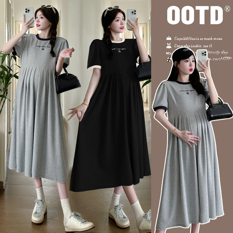 2024夏季新款韩版时尚宽松中长款孕妇字母洋气遮肚气质绣花连衣裙