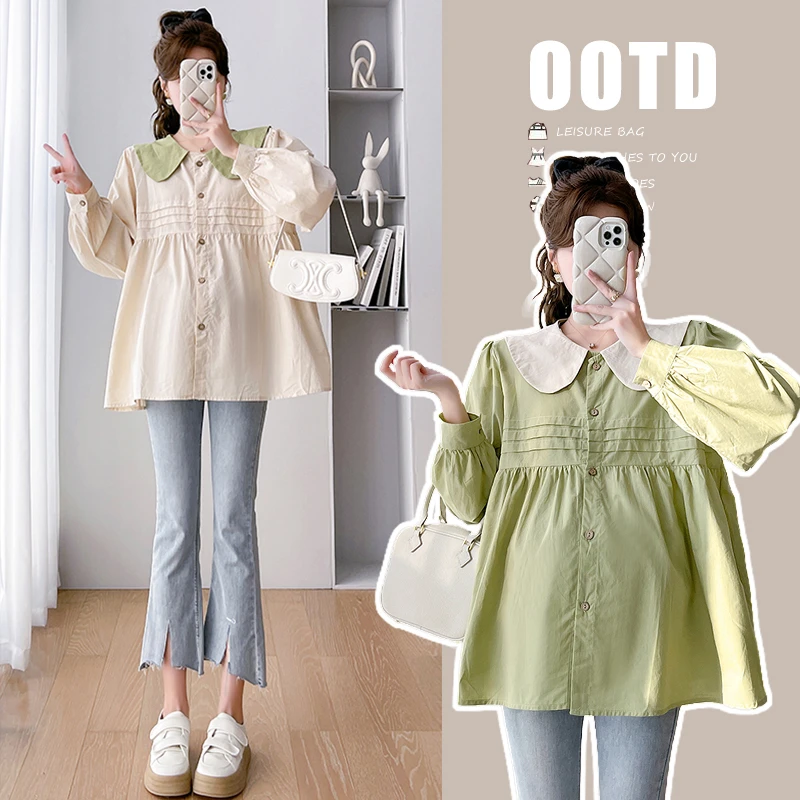 孕妇装春季新品外穿洋气减龄甜美娃娃领衬衣时尚休闲百搭宽松上衣