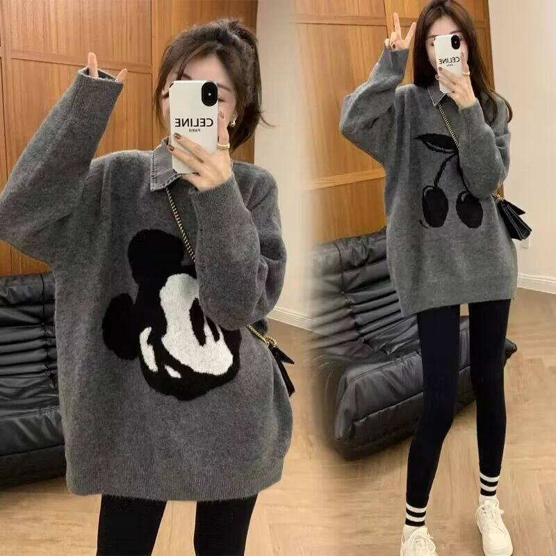 孕妇秋冬樱桃米奇刺绣假两件毛衣秋冬慵懒风宽松时尚套头针织上衣