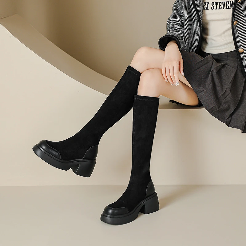 2025绒面厚底马丁靴长靴女秋冬款粗跟cm高跟防水台轻底弹力显瘦高