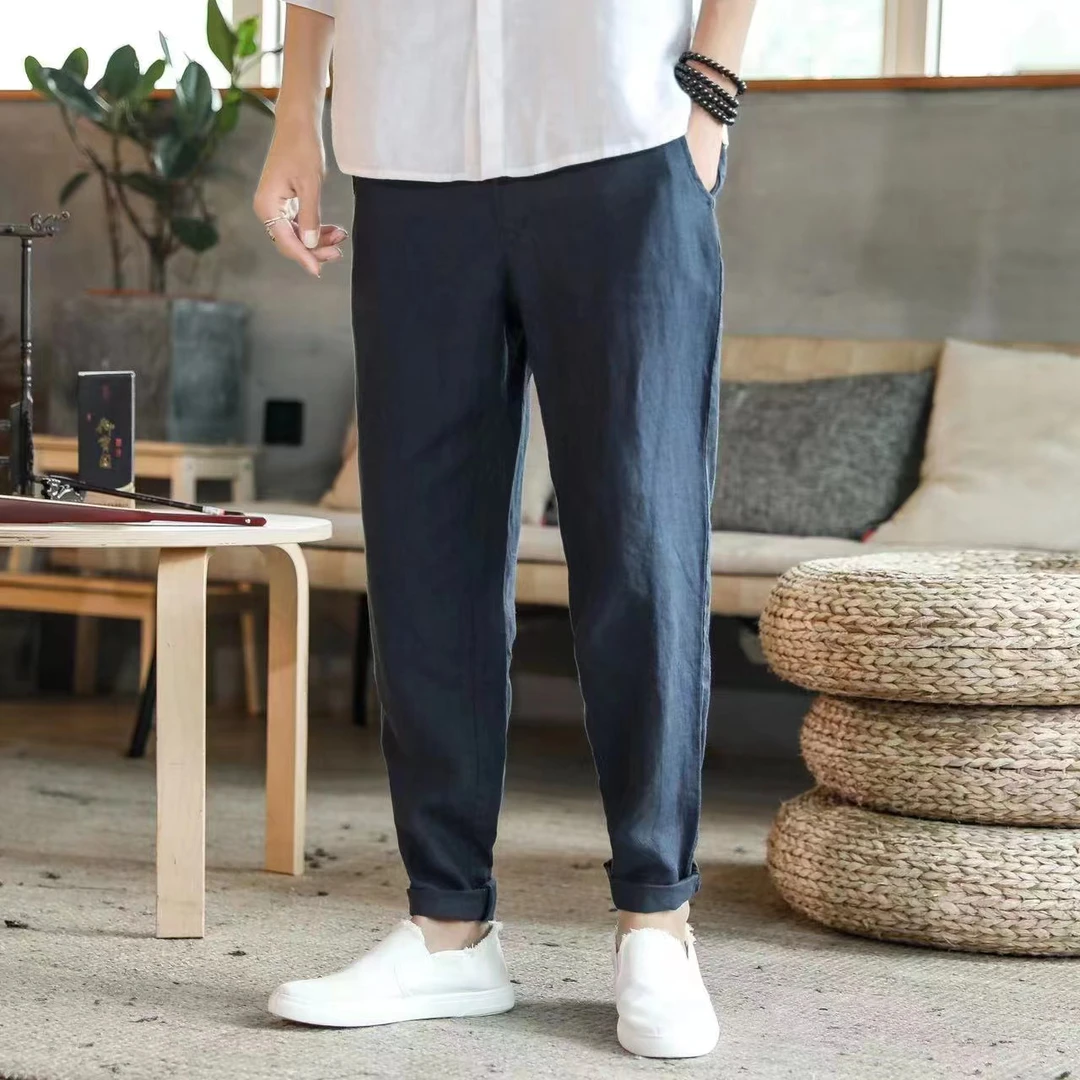 麻小生亚麻男裤春夏薄款休闲裤直筒百搭纯色男士休闲西裤清凉透气