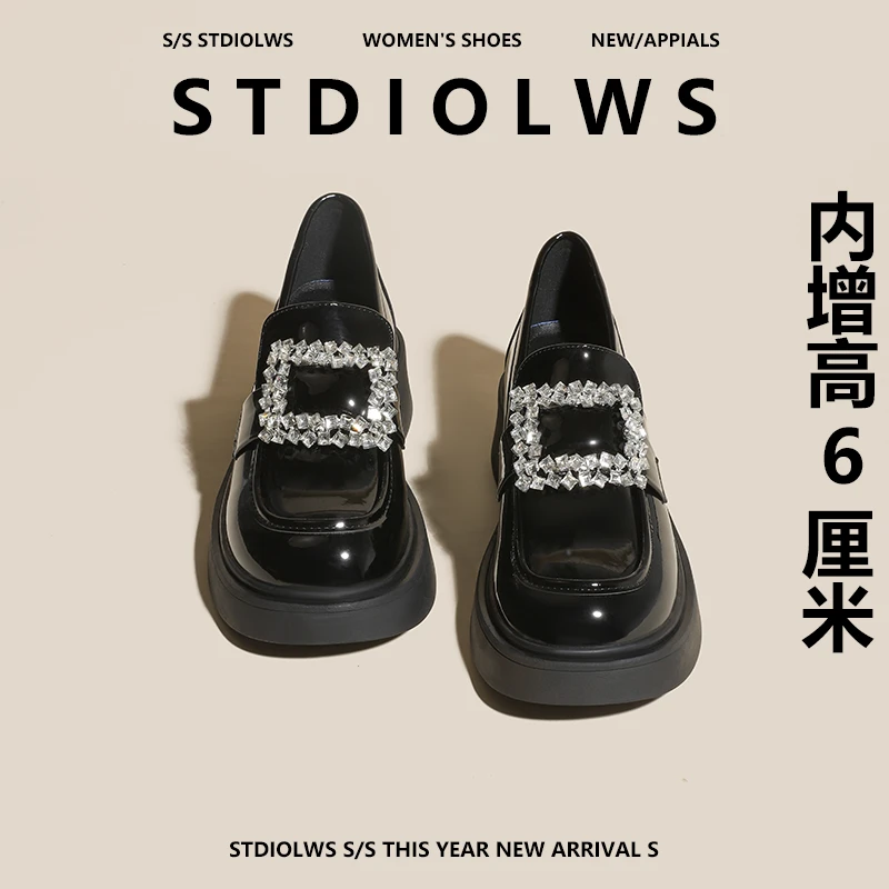 【禾央央】6cm小个子内增高乐福鞋女软底加绒水钻一脚蹬小皮鞋女