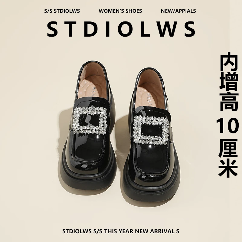 【禾央央】10cm小个子内增高乐福鞋女粗跟厚底学生水钻一脚蹬小皮鞋