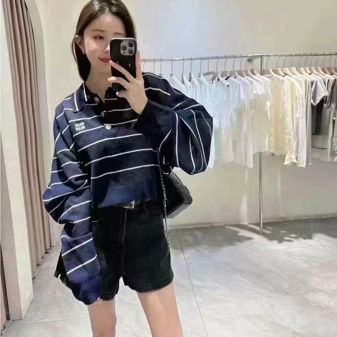 欧洲站2024秋季学院风POLO领排扣落肩长袖高腰洋气短款毛衣针织衫