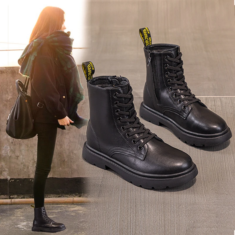 真皮马丁靴女英伦风2024新款冬季加绒加厚百搭平底大码短靴41-43