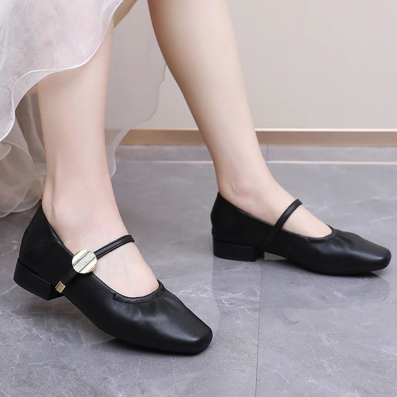 法式低跟单鞋女24新款春秋真皮方头浅口小皮鞋一字带大码玛丽珍鞋