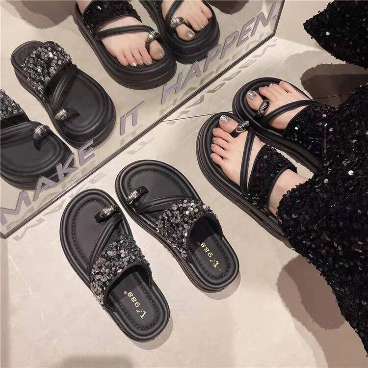 2805夏季新款厚底凉拖鞋松糕底露趾凉鞋平底舒适一脚蹬女拖鞋