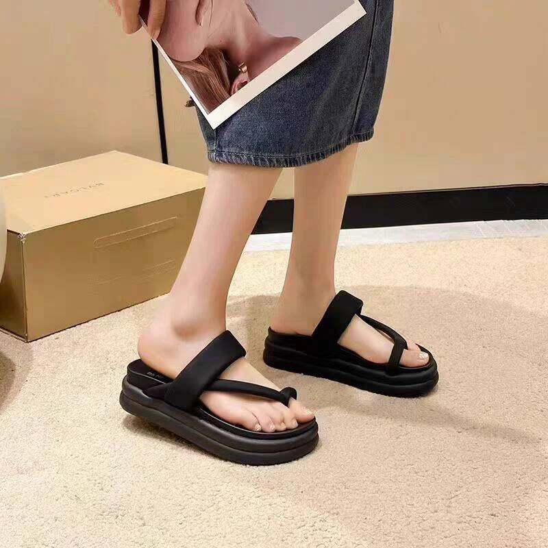 1688-5夏季新款厚底凉拖鞋松糕底露趾凉鞋平底舒适一脚蹬女拖鞋