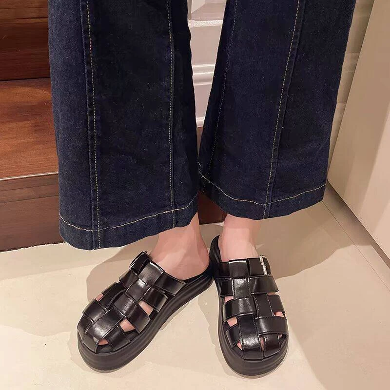 2558-1夏季新款厚底凉拖鞋松糕底露趾凉鞋平底舒适一脚蹬女拖鞋