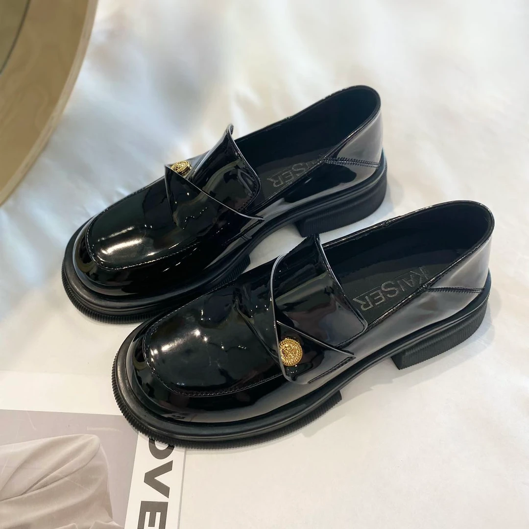 春季软底韩版百搭时尚休闲黑色小金币英伦厚底增高乐福鞋3252